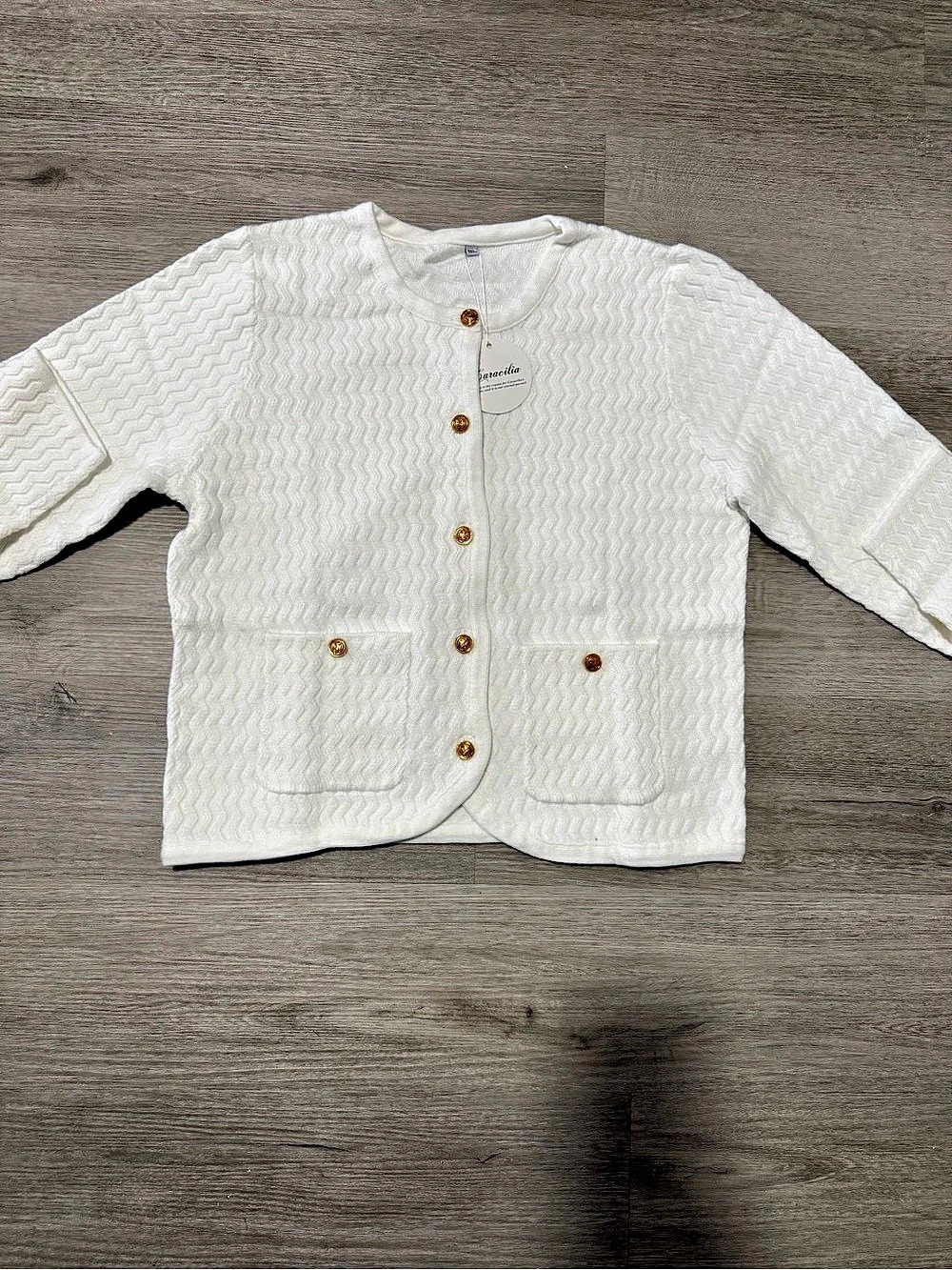 Women’s White Textured Cardigan Jacket Gold Buttons NWT